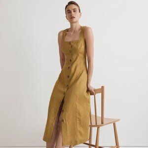 MADEWELL Button Front Midi Dress in 100% Linen Olive Green Size 0 MSRP $128 NWT